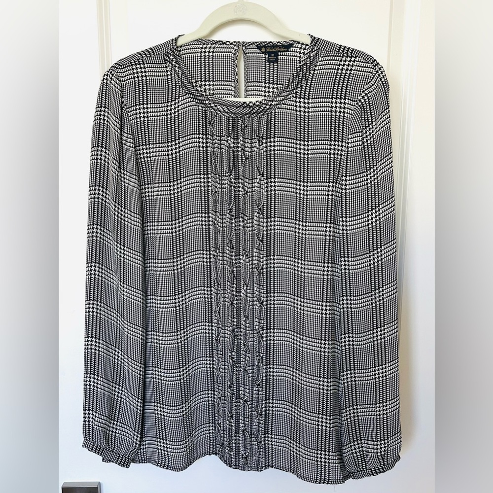 Brooks Brothers black & white plaid long sleeve blouse with pleated front panel.
